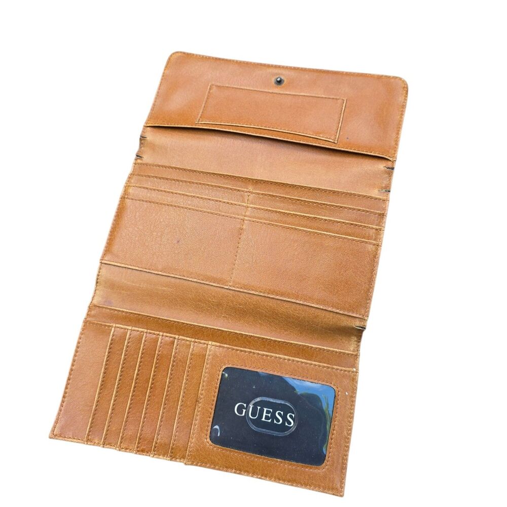 Guess Y2K Denim Trifold Wallet with Tan Leather Trim Blue Jean Clutch - Picture 4 of 8